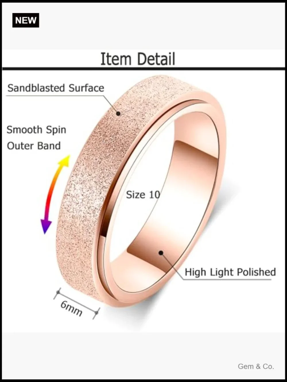 6mm Titanium Stainless Steel Fidget Spinner Ring - Size 6-12